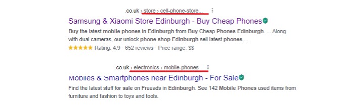 Search result snippet with breadcrumb navigation highlighted