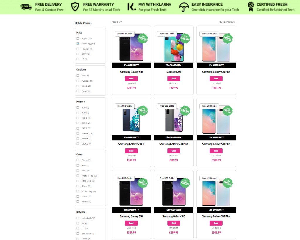 Mobile phone product listing page without body text blocks
