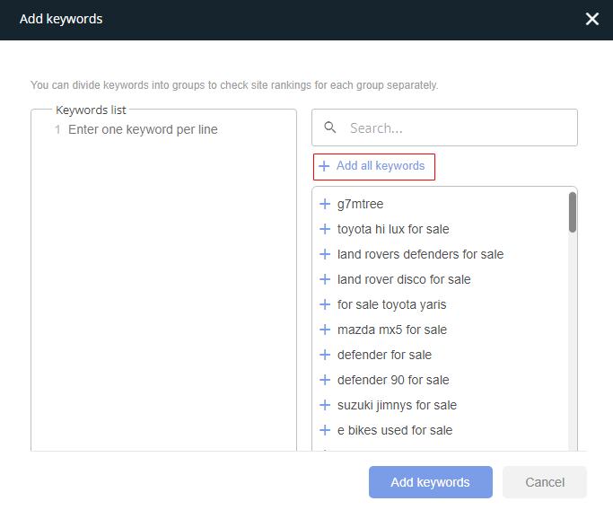 Labrika keyword suggestion list showing search requests for promotion with add buttons