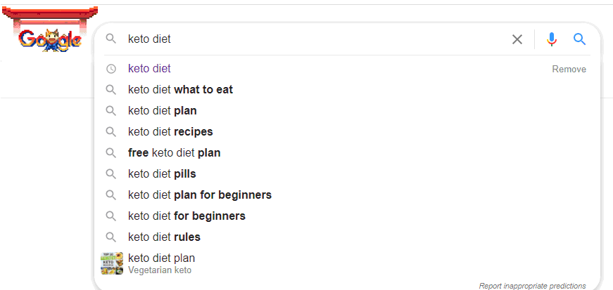 Google Autocomplete showing keyword suggestions for keto diet