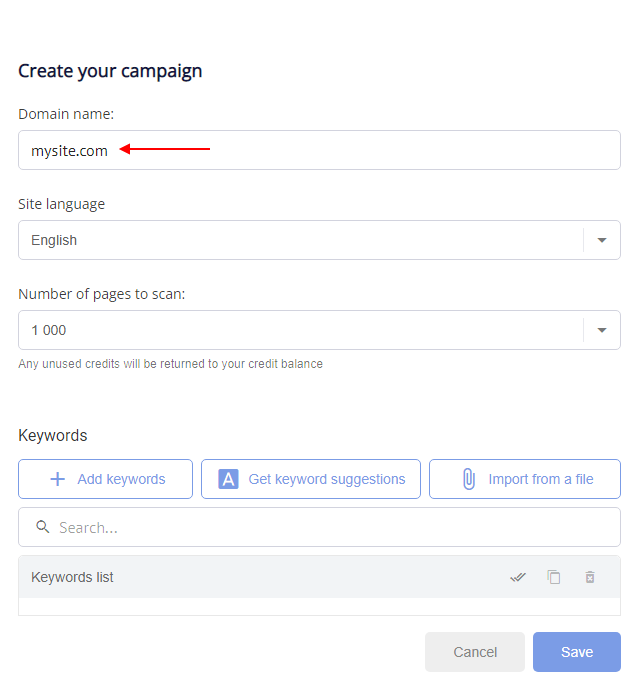 Labrika interface for adding a new project with site URL and general settings