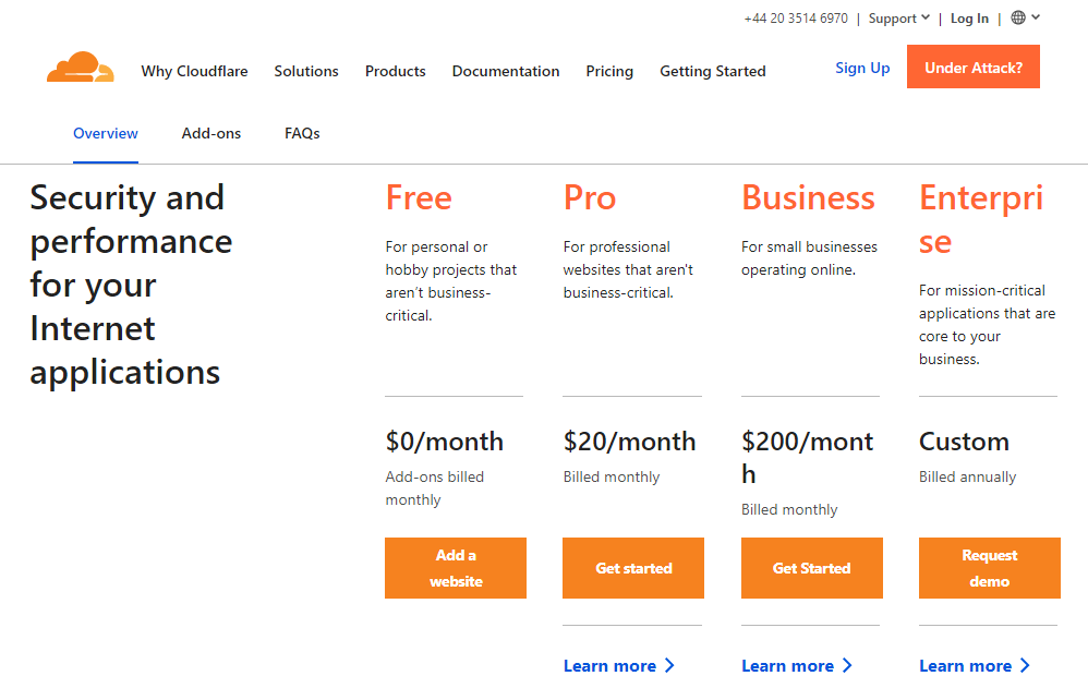 Screenshot showing Cloudflare monthly or annual subscription pricing model