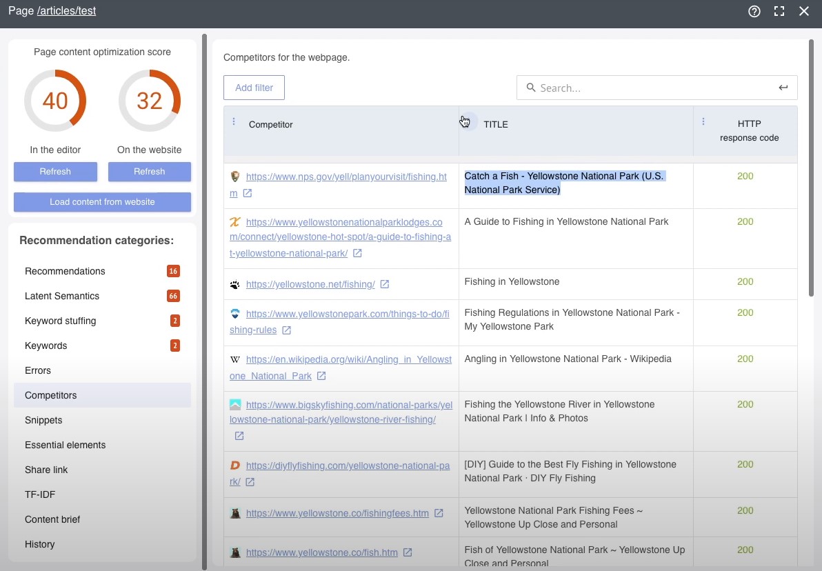 Labrika competitor analysis report showing meta tags and page data